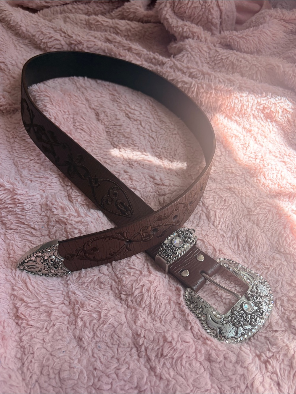 Nocona Brown Leather Western Belt w. Crystal Buckle | Embroidered | Med | NWOT - Picture 2 of 8